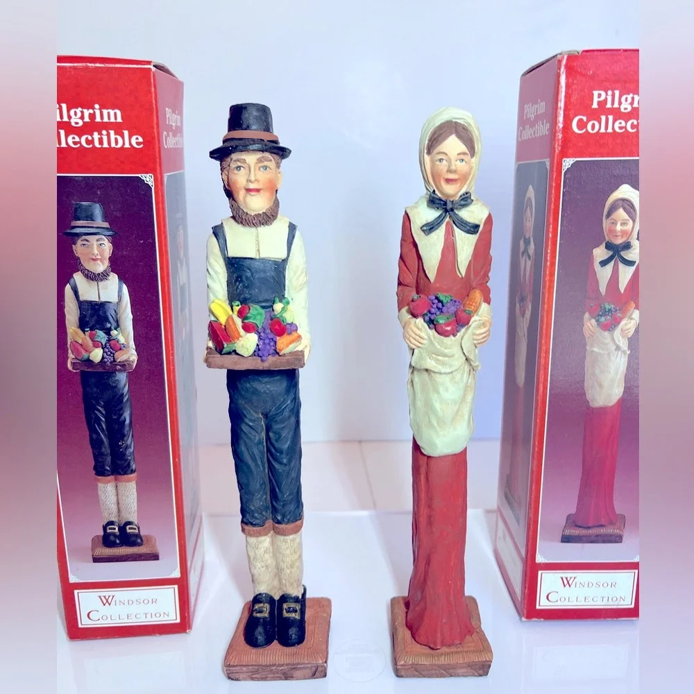 Vintage Thanksgiving Decor Featuring a Set of Pilgrim Figurines Carrying Fruit.